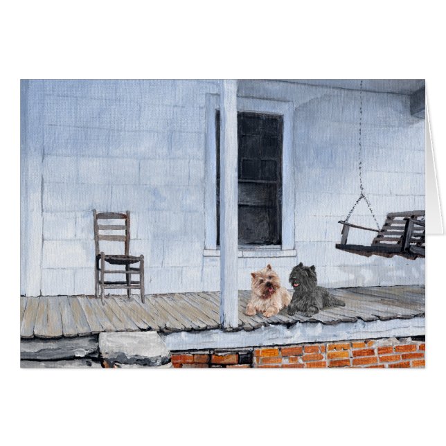 Cairn Terriers warten außerhalb des Shops (Vorderseite (Horizontal))