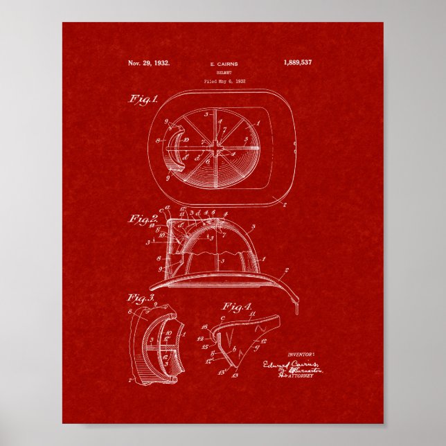 Cairns Fireman Helmet Patent - Burgund Red Poster (Vorne)