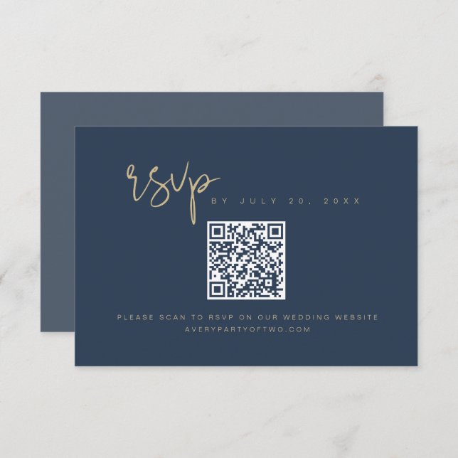 CAITLIN Elegante Marine und Gold QR Code RSVP Card Einladung (Vorne/Hinten)