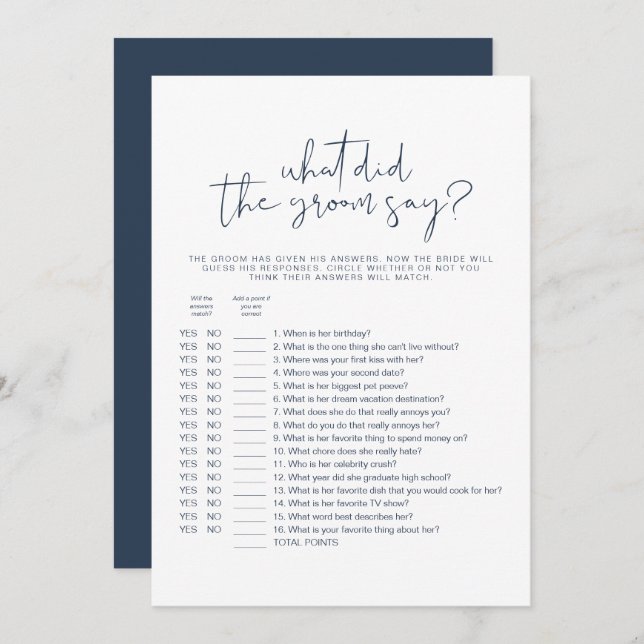 CAITLIN Minimal, was der Groom sagte, Bridal Game Einladung (Vorne/Hinten)