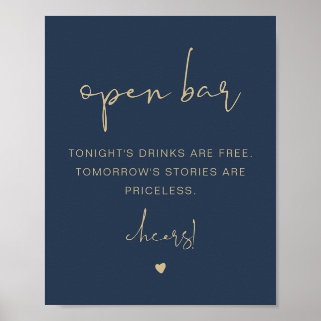 CAITLIN Modern Funny Navy Gold Open Bar Sign Poster (Vorne)