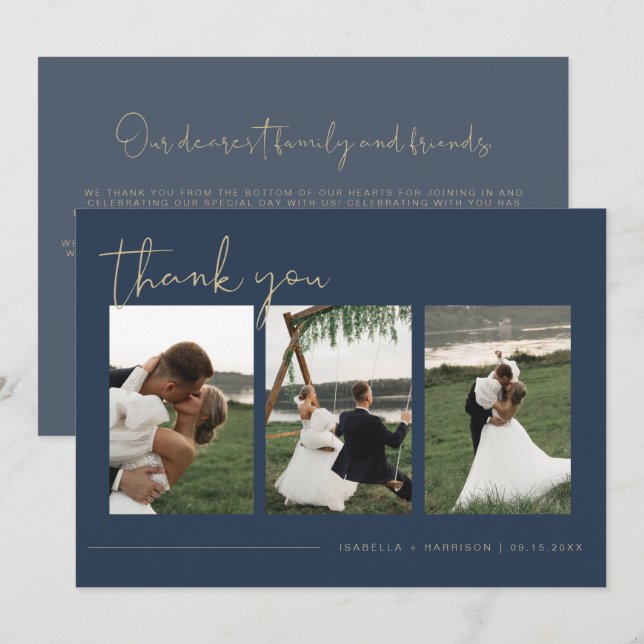 CAITLIN Modern Navy Blue Foto Wedding Vielen Dank Einladung (Vorne/Hinten)