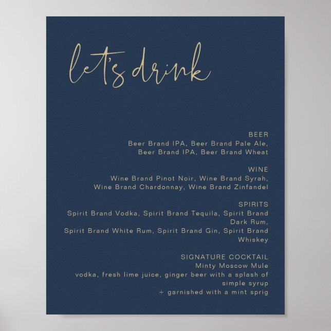 CAITLIN Navy & Gold Let's Drink Bar Menu Signierun Poster (Vorne)