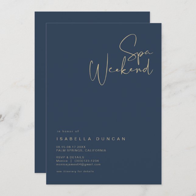 CAITLIN Navy & Gold Wellness-Center Day Bacheloret Einladung (Vorne/Hinten)