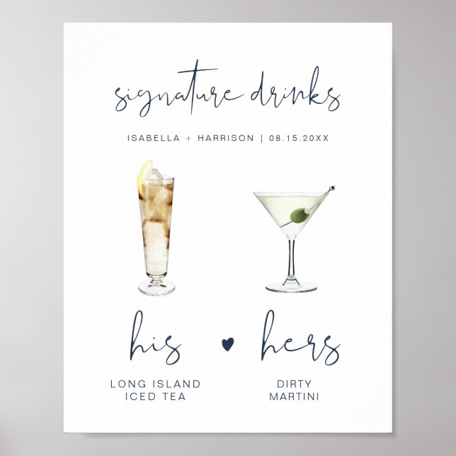 CAITLIN Navy Moderne Signature Drink Hochzeit Bar Poster (Vorne)