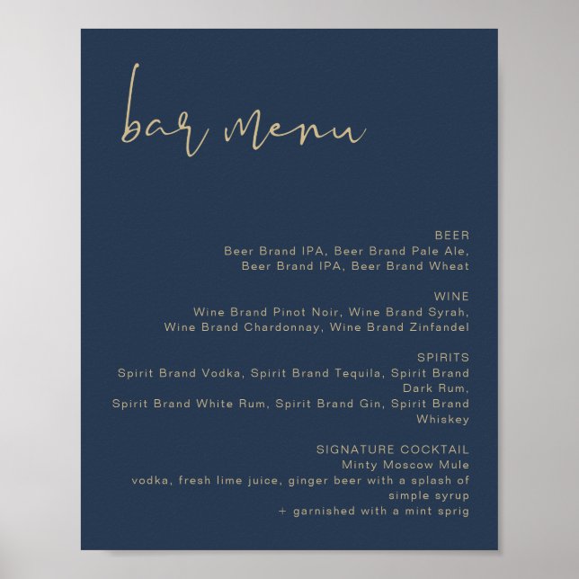 CAITLIN Navy und Gold Wedding Bar Menu Poster (Vorne)