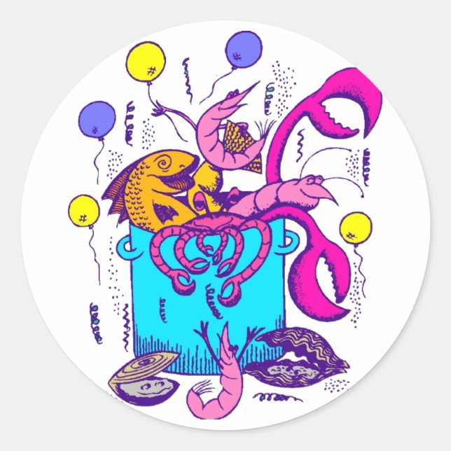 Cajun Style Pot mit Fisch, Langusten, Garnelen Runder Aufkleber (Vorderseite)