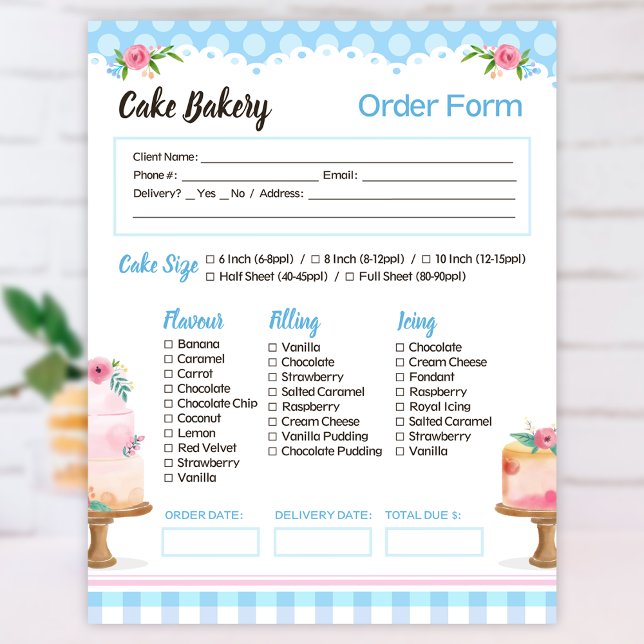 Cake Bakery Blue Order Form Editor Notizblock (Von Creator hochgeladen)