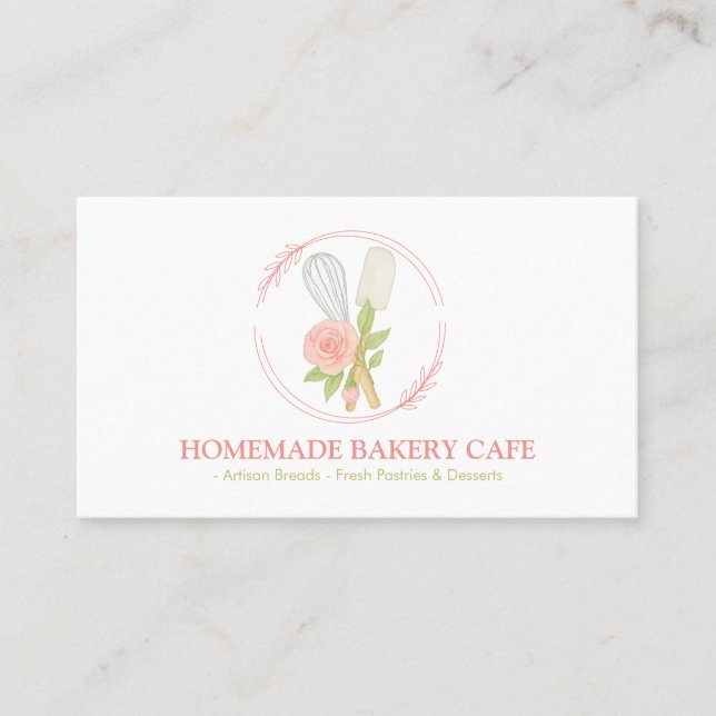Cake Bakery Catering Logo Rosa Blütengrün Visitenkarte (Vorderseite)