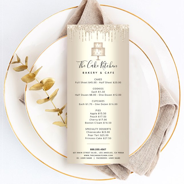 Cake Bakery Gold Glitter Pastry Chef Dessert Menu Werbekarte (Von Creator hochgeladen)