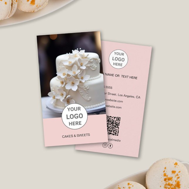 Cake Bakery Logo Foto QR Pink Visitenkarte (Cake Bakery Logo Photo QR Pink Business Card)