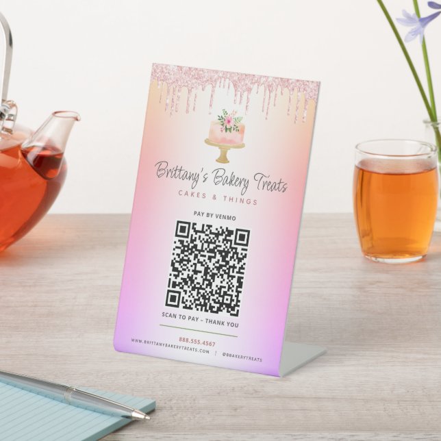 Cake Blush Pink QR Code Bezahlung Hier Glitzer Omb Sockelschild (In SItu)