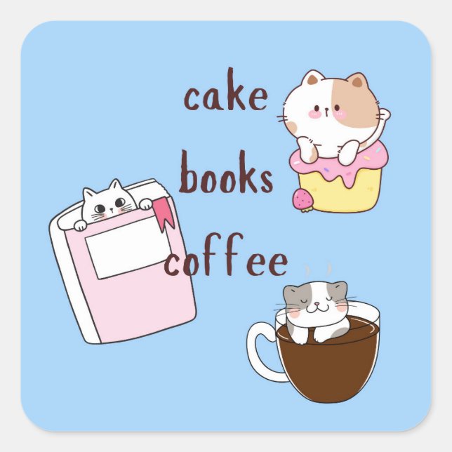Cake Books Coffee Quadratischer Aufkleber (Vorderseite)