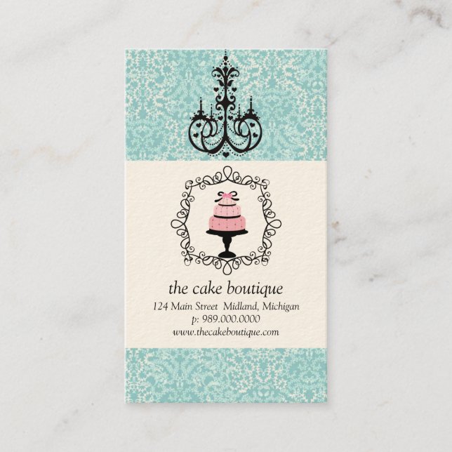 Cake Boutique Extravagant Aquamarin Damask Visiten Visitenkarte (Vorderseite)