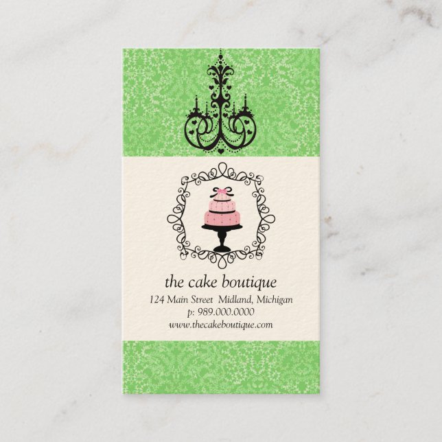 Cake Boutique Extravagant Green Damask Visitenkart Visitenkarte (Vorderseite)
