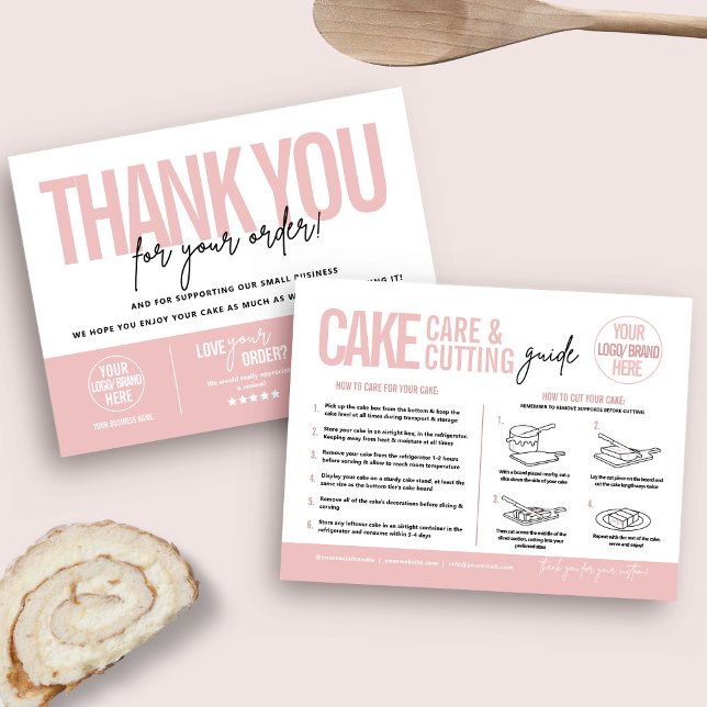 Cake Care & Cutting Guide V2, Cake Serving Guide Dankeskarte (Cake care guide and cake cutting instructions card with business thank you card reverse side)