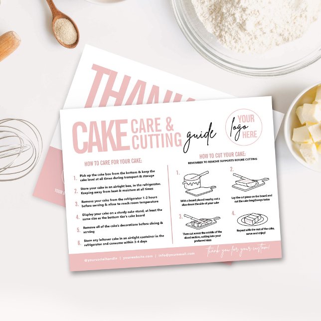 Cake Care & Cutting Guide v3, Cake Serving Guide Postkarte (Cake care guide and cake cutting instructions card with reverse side business thank you card)