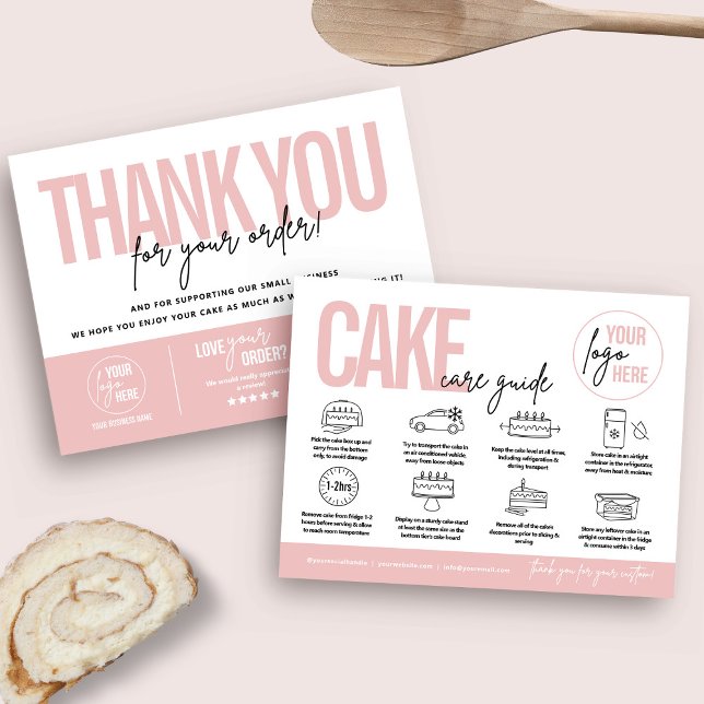 Cake Care Guide Card, Cake Care Instructions Dankeskarte (Pink feminine cake care card and business thank you card)