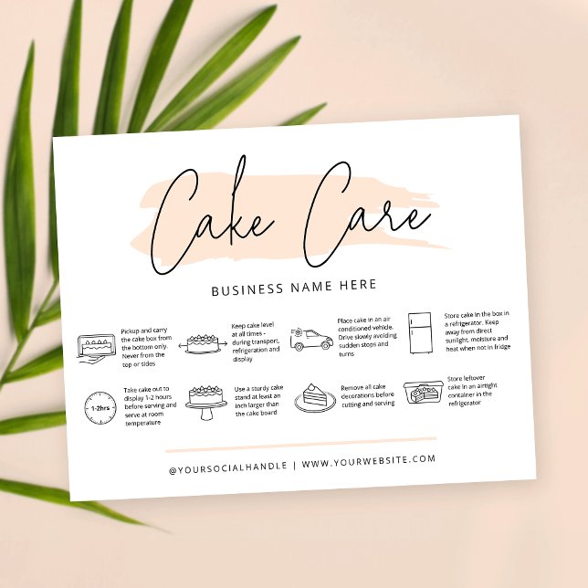 Cake Care Instructions Pastel Beige Watercolor Dankeskarte (Light cream cake care cards with care icons, trendy fonts and pastel beige colors)