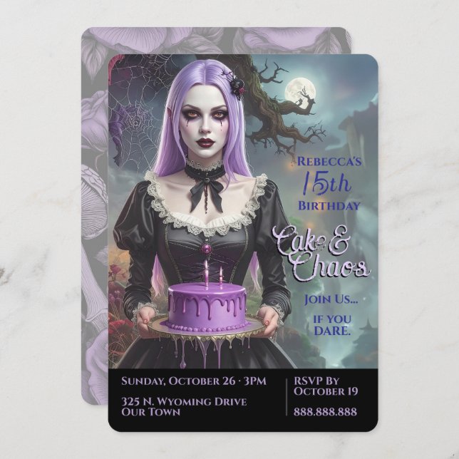 Cake & Chaos, Lila Goth Teen Girl Geburtstag Einladung (Vorne/Hinten)