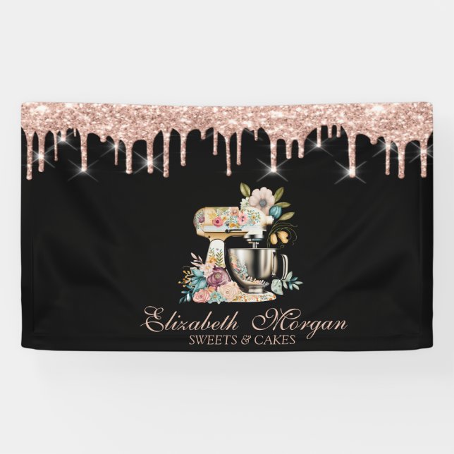 Cake Mixer Blume Rose Gold Tropfen Bäckerei Schwar Banner (Horizontal)