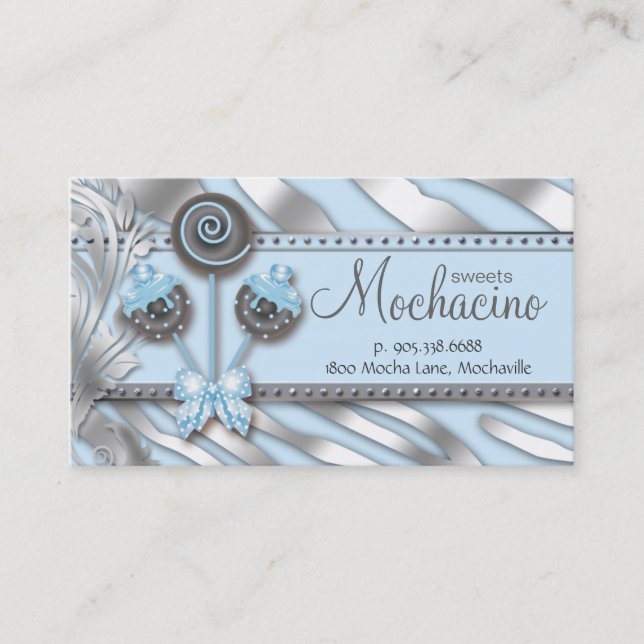 Cake Pops Business Card Bäckerei Silver Blue Zebra Visitenkarte (Vorderseite)