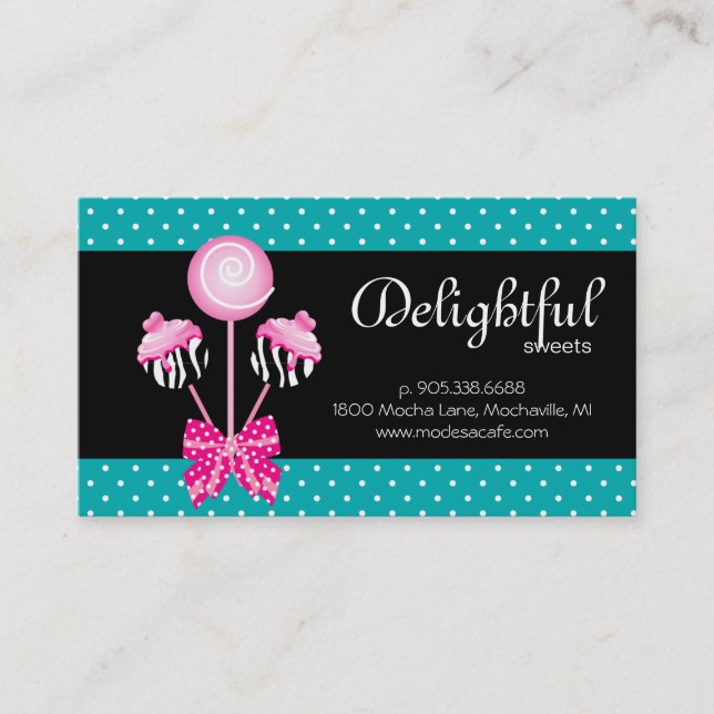 Cake Pops Business Card Bäckerei Zebra Retro Blue Visitenkarte (Vorderseite)