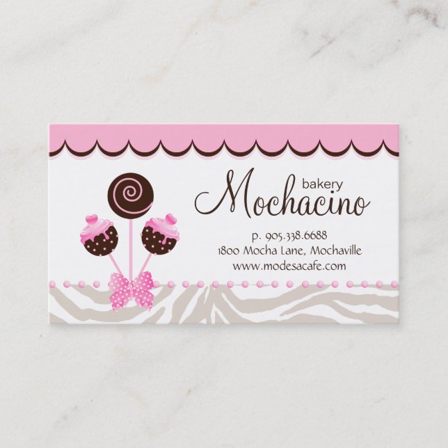 Cake Pops Business Card Bakery Pink Brown Zebra Visitenkarte (Vorderseite)