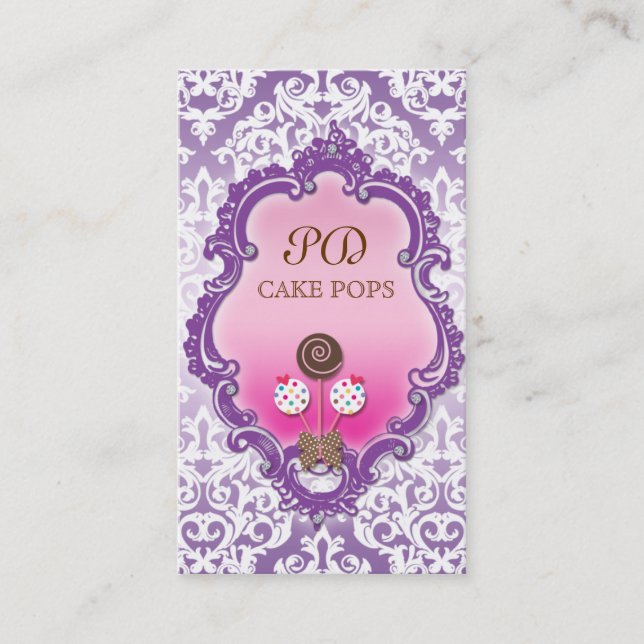 Cake Pops Business Card Retro Damask Rosa Lila Visitenkarte (Vorderseite)