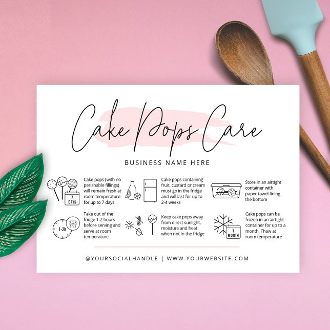 Cake Pops Care Instructions Blush Pink Watercolor Visitenkarte (Blush pink watercolor cake pops care cards with icons and space for your logo and thank you note)