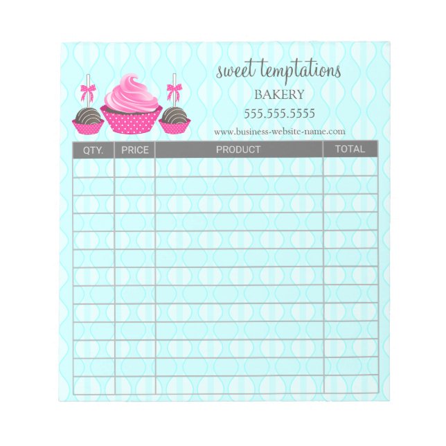 Cake Pops und Cupcake Aqua Beleg Bestellformular Notizblock (Vorderseite)