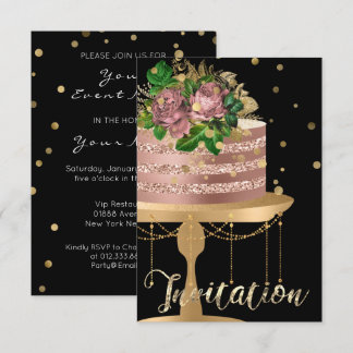 Cake Rose Gold Geburtstag Black Confetti Glitzer Einladung