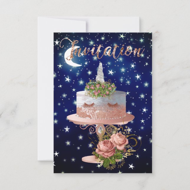 Cake Unicorn Rose Gold Blue Navy Starry Night Einladung (Vorderseite)