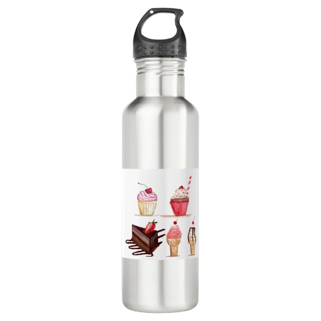 Cakes Wasserfarbenes Bäckerei Süßigkeiten Cupcakes Edelstahlflasche (Vorderseite)