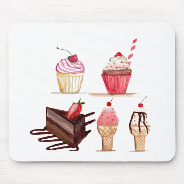 Cakes Wasserfarbenes Bäckerei Süßigkeiten Cupcakes Mousepad (Vorne)