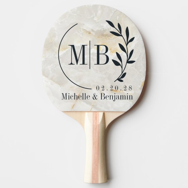 Calacatta Gold Marble Stone Leaf Wedding Monogram Tischtennis Schläger (Vorderseite)