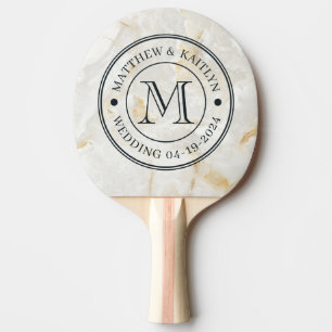Calacatta Gold Marmorstein Hochzeitsmonogramm Tischtennis Schläger