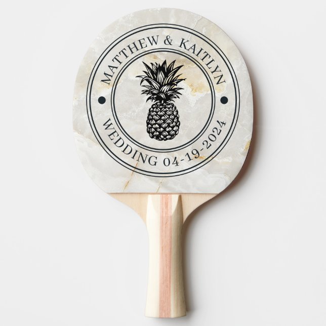 Calacatta Gold Pineapple Wedding Crest & Names Tischtennis Schläger (Vorderseite)