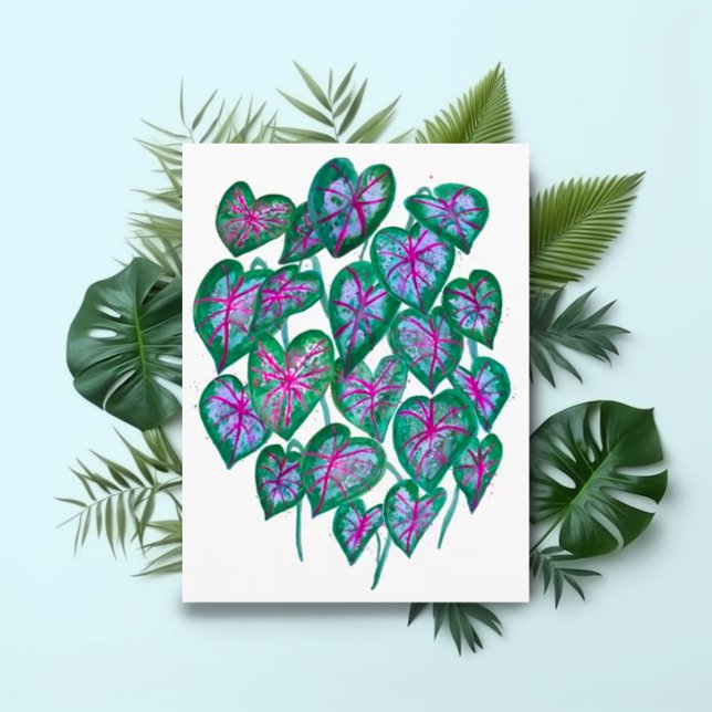 Caladiums Pink & Green Blätter Wasserfarben Kunst, Postkarte (Colorful watercolor caladium leaves postcard. Customize with your own text.)