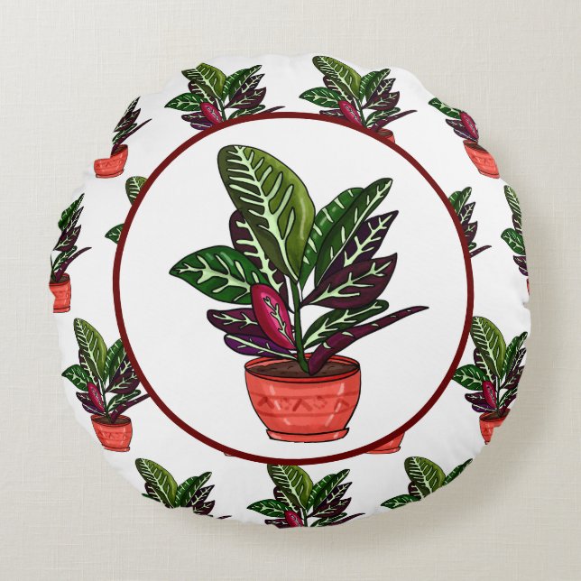 Calathea Handgezeichnete Pflanze Rundes Kissen (Vorderseite)