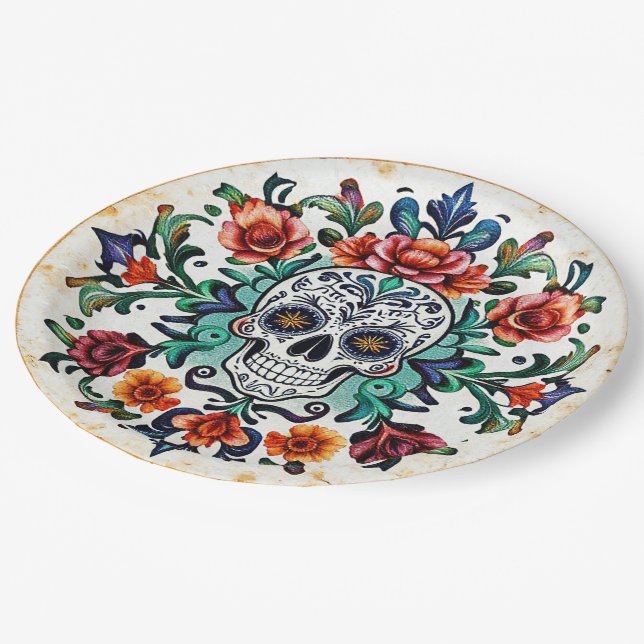💀 🎉 Calavera Bloomware Doom Día de los Muertos Pappteller (Schrägansicht)