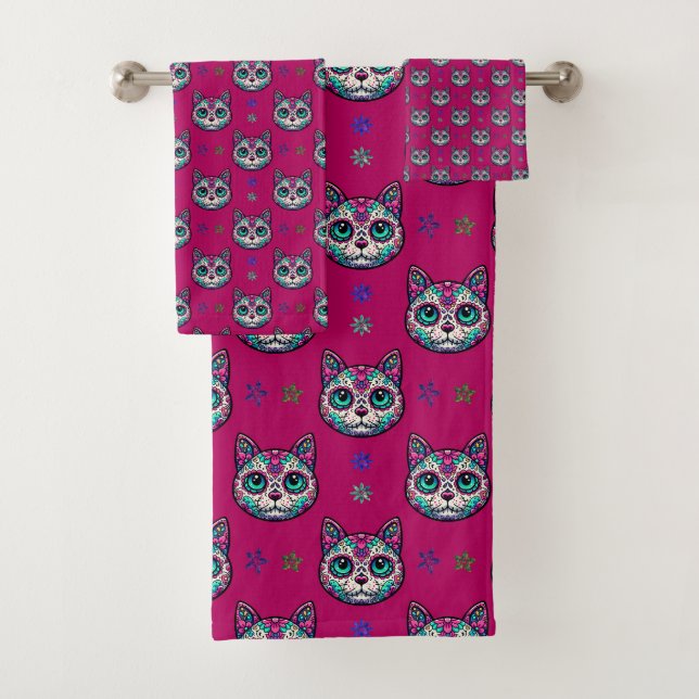 Calavera Cat Art Pattern Badhandtuch Set (Insitu)