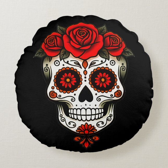 Calavera Florale - Die Kunst des Todes an der Tür Rundes Kissen (Vorderseite)