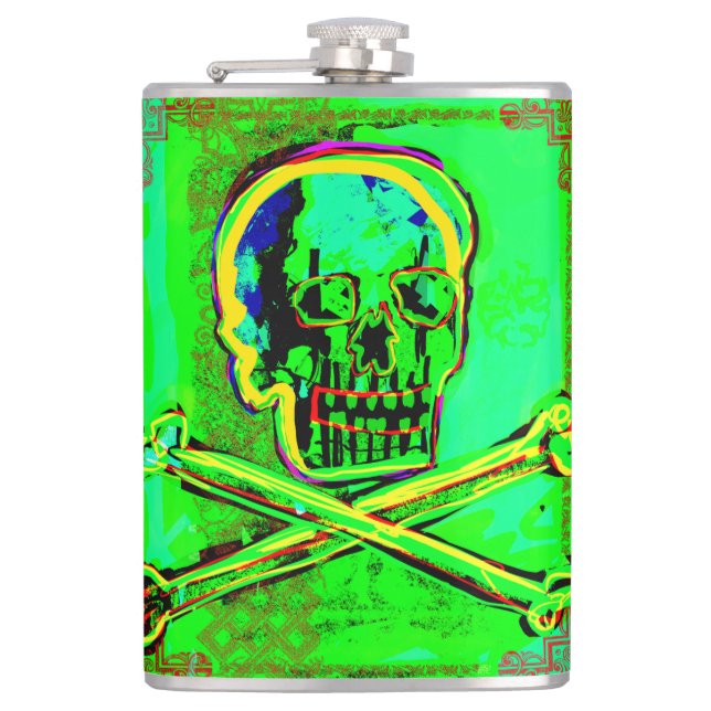 Calavera Skull Geek NFT Art Green Red Flachmann (Vorderseite)
