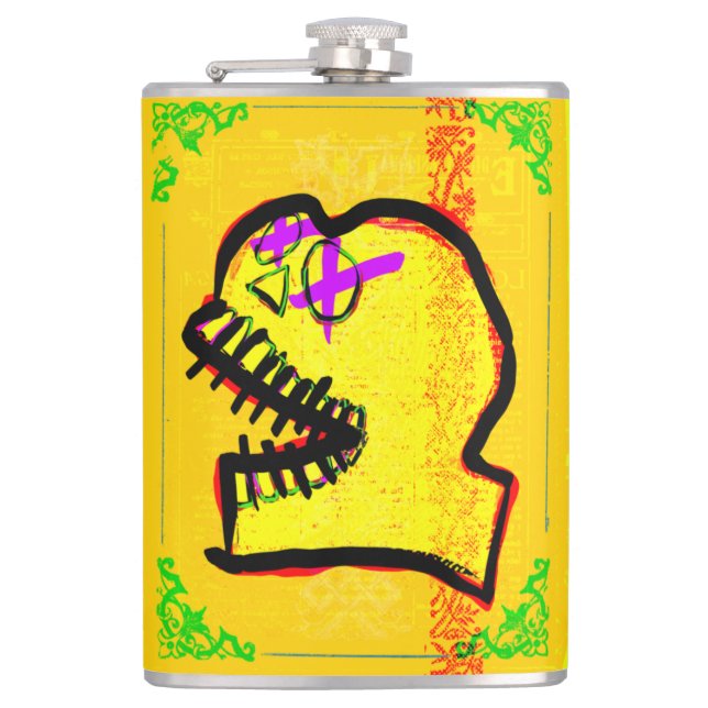 Calavera Skull Geek NFT Art Yellow Black Lila Flachmann (Vorderseite)