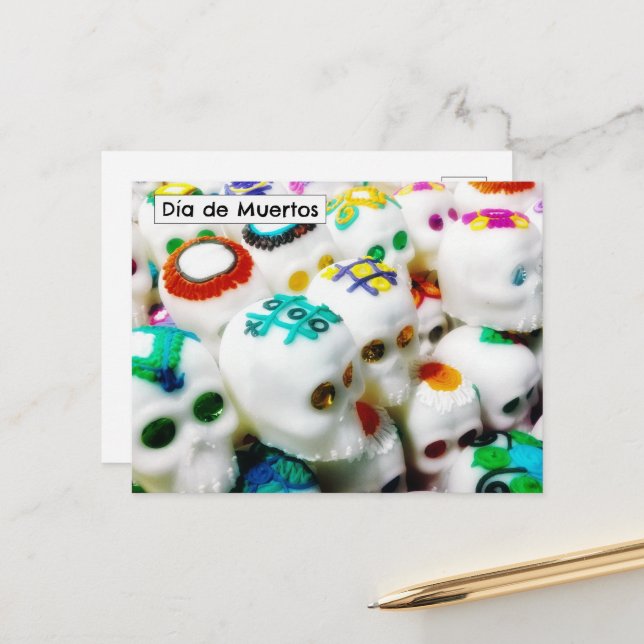 Calaveras de Azúcar en día de Muertos Postkarte (Vorderseite/Rückseite Beispiel)