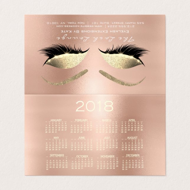 Calendar 2018 Schönheitssalon Lashes Rose Eyes Visitenkarten (Außenseite Aufgefaltet)