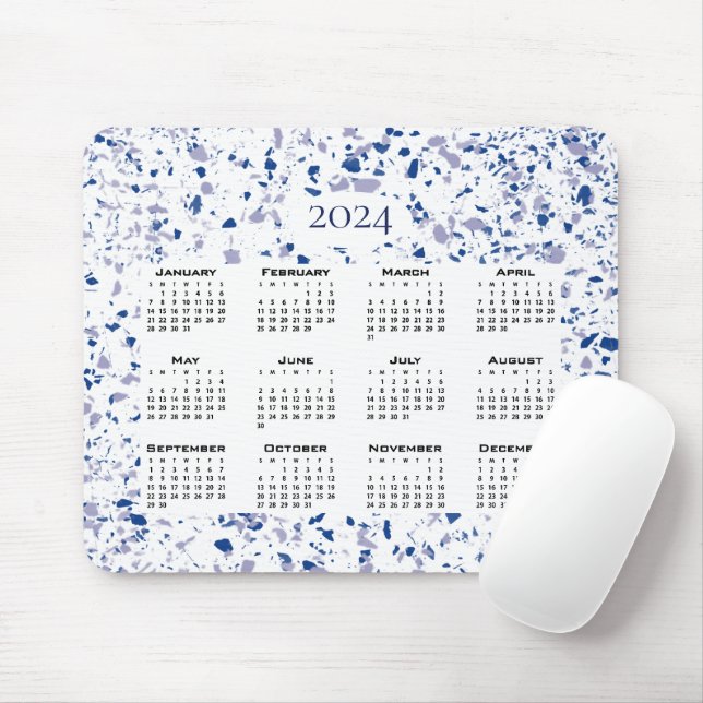Calendar 2024 Blue White Gray Terrazzo Moderne Mousepad (Mit Mouse)