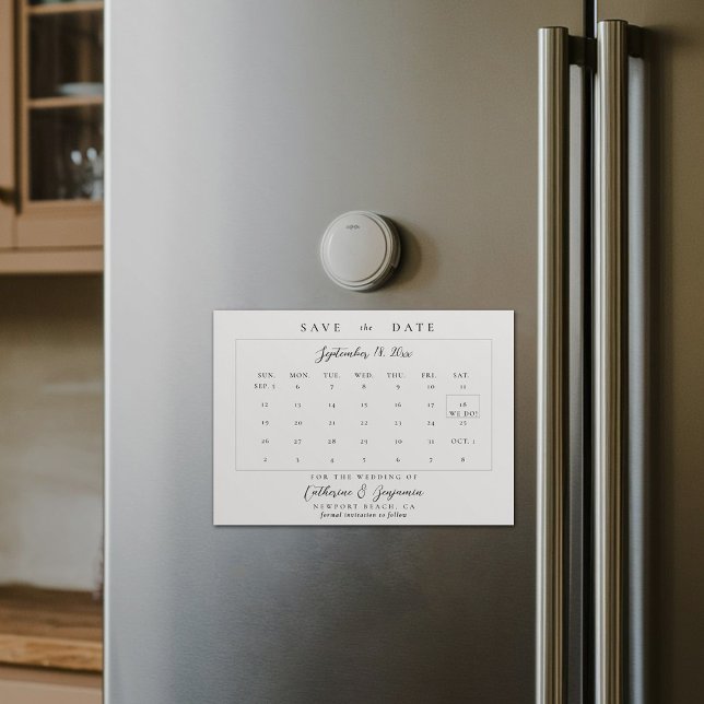 Calendar Calligraphy Elegante Wedding Save the Dat Magneteinladung (wedding calendar save the date magnet modern minimalist calligraphy black white template)