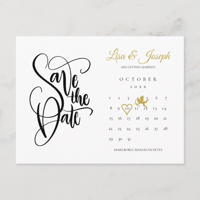 Calendar Cupid Gold Liebe Herz Save the Date Postkarte (Vorderseite)